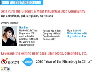 SINA WEIBO BACKGROUND

Sina runs the Biggest & Most Inﬂuential Blog Community
Top celebrities, public ﬁgures, politicians
...