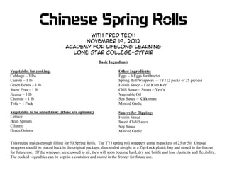 Chinese Spring Rolls
                                          With Fred Teoh
                                         November 19, 2012
                                   Academy for Lifelong Learning
                                     Lone Star College-CyFair
                                                         Basic Ingredients

Vegetables for cooking:                                               Other Ingredients:
Cabbage – 3 lbs                                                       Eggs – 6 Eggs for Omelet
Carrots – 1 lb                                                        Spring Roll Wrappers – TYJ (2 packs of 25 pieces)
Green Beans – 1 lb                                                    Hoisin Sauce – Lee Kum Kee
Snow Peas – 1 lb                                                      Chili Sauce – Sweet – Yeo’s
Jicama – 1 lb                                                         Vegetable Oil
Chayote – 1 lb                                                        Soy Sauce – Kikkoman
Tofu – 1 Pack                                                         Minced Garlic

Vegetables to be added raw: (these are optional)                      Sauces for Dipping:
Lettuce                                                               Hoisin Sauce
Bean Sprouts                                                          Sweet Chili Sauce
Cilantro                                                              Soy Sauce
Green Onions                                                          Minced Garlic

This recipe makes enough filling for 50 Spring Rolls. The TYJ spring roll wrappers come in packets of 25 or 50. Unused
wrappers should be placed back in the original package, then sealed airtight in a Zip-Lock plastic bag and stored in the freezer
for future use. (If the wrappers are exposed to air, they will soon become hard, dry and brittle and lose elasticity and flexibility.
The cooked vegetables can be kept in a container and stored in the freezer for future use.
 
