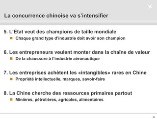 . 22 .
La concurrence chinoise va s’intensifier
5. L’Etat veut des champions de taille mondiale
 Chaque grand type d’industrie doit avoir son champion
6. Les entrepreneurs veulent monter dans la chaîne de valeur
 De la chaussure à l’industrie aéronautique
7. Les entreprises achètent les «intangibles» rares en Chine
 Propriété intellectuelle, marques, savoir-faire
8. La Chine cherche des ressources primaires partout
 Minières, pétrolières, agricoles, alimentaires
 