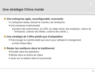 . 33 .
Une stratégie China inside
 Une entreprise agile, reconfigurable, innovante
L’entreprise réseau devient le «centre» de l’entreprise
Une entreprise multiculturelle
(culture des actionnaires, du CEO, du siège social, des employés, culture de
l’entreprise, cultures des filiales, cultures des clients..)
 Une stratégie de l’offre plutôt que d’adaptation
Faire bouger le marché plutôt que courir pour rattraper le changement
Votre Océan Bleu
 Rester les meilleurs dans le traditionnel
Exceller dans les opérations
Monter dans la chaîne de valeur
Jouer sur la relation client et la proximité
 