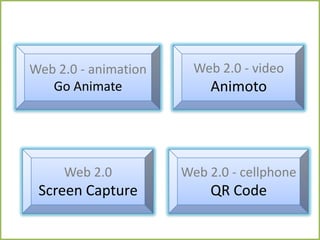 Web 2.0 - animation     Web 2.0 - video
   Go Animate             Animoto




     Web 2.0          Web 2.0 - cellphone
 Screen Capture           QR Code
 