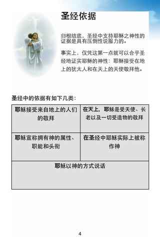 圣经依据

        归根结底，圣经中支持耶稣之神性的
        证据是具有压倒性说服力的。

        事实上，仅凭这第一点就可以合乎圣
        经地证实耶稣的神性：耶稣接受在地
        上的犹太人和在天上的天使敬拜他。




圣经中的依据有如下几类：

耶稣接受来自地上的人们       在天上，耶稣是受天使、长
    的敬拜           老以及一切受造物的敬拜


耶稣宣称拥有神的属性、       在圣经中耶稣实际上被称
   职能和头衔               作神


       耶稣以神的方式说话




              4
 