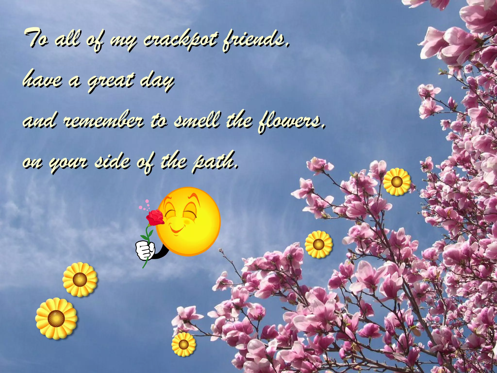 To all of my crackpot friends,  have a great day  and remember to smell the flowers,  on your side of the path. 