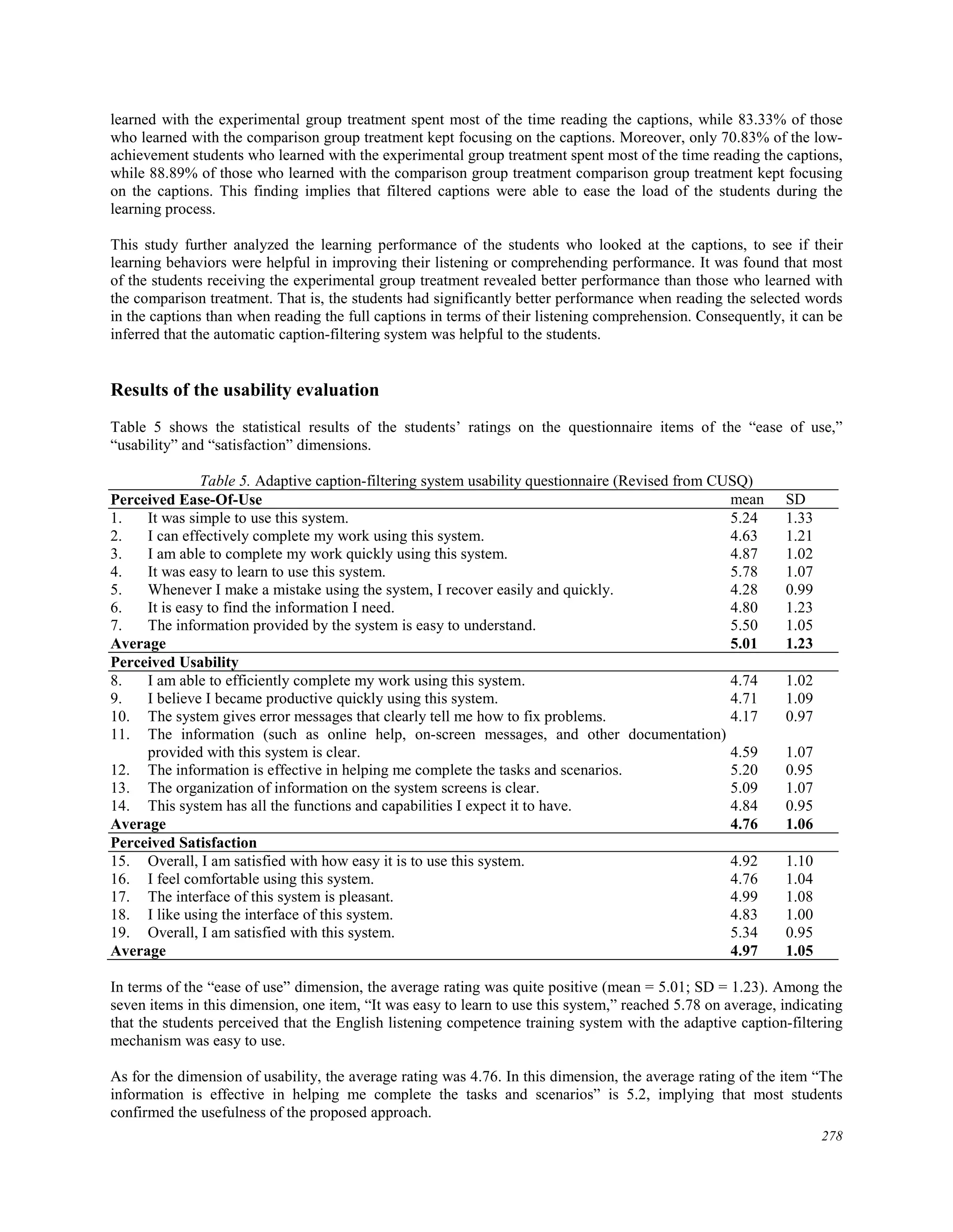 learned with the experimental group treatment spent most of the time reading the captions, while 83.33% of those
who learned with the comparison group treatment kept focusing on the captions. Moreover, only 70.83% of the low-
achievement students who learned with the experimental group treatment spent most of the time reading the captions,
while 88.89% of those who learned with the comparison group treatment comparison group treatment kept focusing
on the captions. This finding implies that filtered captions were able to ease the load of the students during the
learning process.
This study further analyzed the learning performance of the students who looked at the captions, to see if their
learning behaviors were helpful in improving their listening or comprehending performance. It was found that most
of the students receiving the experimental group treatment revealed better performance than those who learned with
the comparison treatment. That is, the students had significantly better performance when reading the selected words
in the captions than when reading the full captions in terms of their listening comprehension. Consequently, it can be
inferred that the automatic caption-filtering system was helpful to the students.
Results of the usability evaluation
Table 5 shows the statistical results of the students’ ratings on the questionnaire items of the “ease of use,”
“usability” and “satisfaction” dimensions.
Table 5. Adaptive caption-filtering system usability questionnaire (Revised from CUSQ)
Perceived Ease-Of-Use mean SD
1. It was simple to use this system. 5.24 1.33
2. I can effectively complete my work using this system. 4.63 1.21
3. I am able to complete my work quickly using this system. 4.87 1.02
4. It was easy to learn to use this system. 5.78 1.07
5. Whenever I make a mistake using the system, I recover easily and quickly. 4.28 0.99
6. It is easy to find the information I need. 4.80 1.23
7. The information provided by the system is easy to understand. 5.50 1.05
Average 5.01 1.23
Perceived Usability
8. I am able to efficiently complete my work using this system. 4.74 1.02
9. I believe I became productive quickly using this system. 4.71 1.09
10. The system gives error messages that clearly tell me how to fix problems. 4.17 0.97
11. The information (such as online help, on-screen messages, and other documentation)
provided with this system is clear. 4.59 1.07
12. The information is effective in helping me complete the tasks and scenarios. 5.20 0.95
13. The organization of information on the system screens is clear. 5.09 1.07
14. This system has all the functions and capabilities I expect it to have. 4.84 0.95
Average 4.76 1.06
Perceived Satisfaction
15. Overall, I am satisfied with how easy it is to use this system. 4.92 1.10
16. I feel comfortable using this system. 4.76 1.04
17. The interface of this system is pleasant. 4.99 1.08
18. I like using the interface of this system. 4.83 1.00
19. Overall, I am satisfied with this system. 5.34 0.95
Average 4.97 1.05
In terms of the “ease of use” dimension, the average rating was quite positive (mean = 5.01; SD = 1.23). Among the
seven items in this dimension, one item, “It was easy to learn to use this system,” reached 5.78 on average, indicating
that the students perceived that the English listening competence training system with the adaptive caption-filtering
mechanism was easy to use.
As for the dimension of usability, the average rating was 4.76. In this dimension, the average rating of the item “The
information is effective in helping me complete the tasks and scenarios” is 5.2, implying that most students
confirmed the usefulness of the proposed approach.
278
 