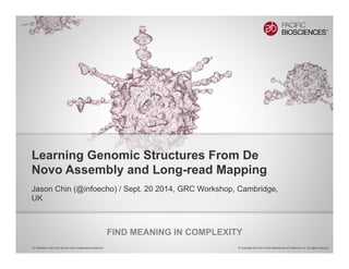 FIND MEANING IN COMPLEXITY
© Copyright 2014 by Pacific Biosciences of California, Inc. All rights reserved.For Research Use Only. Not for use in diagnostic procedures.
Jason Chin (@infoecho) / Sept. 20 2014, GRC Workshop, Cambridge,
UK
Learning Genomic Structures From De
Novo Assembly and Long-read Mapping
de novol
 