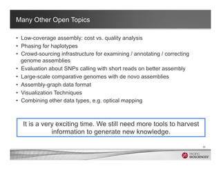 Many Other Open Topics
•  Low-coverage assembly: cost vs. quality analysis
•  Phasing for haplotypes
•  Crowd-sourcing inf...
