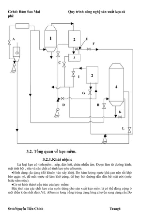 Gvhd: Đàm Sao Mai                          Quy trình công nghệ sản xuất kẹo cà
phê




   A                        1                 2           E
                                                              F



                                              3
                                   C



                                                  I           2

                                                                          4
                                                      G


                                       D                          H

                                                                              K



                                                                                  L




            3.2. Tổng quan về kẹo mềm.
                        3.2.1.Khái niệm:
       Là loại kẹo có tính:mềm , xốp, đàn hồi, chứa nhiều ẩm. Được làm từ đường kính,
mật tinh bột , sữa và các chất có tính keo như albumin.
  •Hình dạng: đa dạng (đổ khuôn vào sấy khô). Do hàm lượng nước khá cao nên rất khó
bảo quản nó, dễ mất nước sẽ làm khô cứng, dễ bay hơi đường dẫn đến bề mặt ướt (mốc
hoặc sẫm màu).
  •Cơ sở hình thành cấu trúc của kẹo mềm:
  Đặc tính của các chất keo của nước dùng cho sản xuất kẹo mềm là có thể đông cứng ở
một điều kiện nhất định.Vd: Albumin long trắng trứng dạng lỏng chuyển sang dạng rắn.Do



Svtt:Nguyễn Tiến Chính                                                Trang6
 