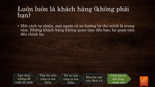 Luôn luôn là khách hàng (không phải
bạn)
• Một cách tự nhiên, mọi người có xu hướng tự cho mình là trung
tâm. Những khách hàng không quan tâm đến bạn, họ quan tâm
đến chính họ.
Lựa chọn
những đề
xuất tốt nhất
Tiếp thị trên
công cụ tìm
kiếm
Tối ưu hóa
công cụ tìm
kiếm
Khuyến mãi
trên Web 2.0
Cách tạo ra
nội dung
tuyệt vời
 