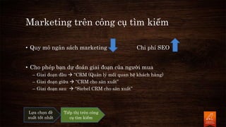 Marketing trên công cụ tìm kiếm
• Quy mô ngân sách marketing Chi phí SEO
• Cho phép bạn dự đoán giai đoạn của người mua
– Giai đoạn đầu  “CRM (Quản lý mối quan hệ khách hàng)
– Giai đoạn giữa  “CRM cho sản xuất”
– Giai đoạn sau  “Siebel CRM cho sản xuất”
Lựa chọn đề
xuất tốt nhất
Tiếp thị trên công
cụ tìm kiếm
 