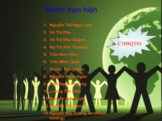 Nhóm thực hiện
1. Nguyễn Thị Ngọc Linh
2. Võ Thị Pha
3. Võ Thị Như Quỳnh
                                C109QT01
4. Ng Thị Kim Thương
5. Trần Đức Hiếu
6. Trần Minh Quân
7. Huỳnh Trọng Hữu
8. Nguyễn Ngọc Ngân
9. Trần Ngọc Thương
10. Lương Tấn Tiền
11. Nguyễn Ánh Tuyết
12. Nguyễn Thị Cẩm Ly
13. Nguyễn Mai Tường An (nhóm
    trưởng)
 