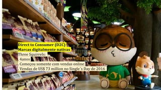Direct to Consumer (D2C)
Marcas digitalmente nativas
Three Squirrels:
. 4anos
. Começou somente com vendas online
. Vendas...