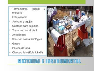 • Termómetros (digital y
mercurio)
• Estetoscopio
• Jeringas y agujas
• Cuerdas para sujeción
• Torundas con alcohol
• Antibióticos
• Solución salina fisiológica
• Gasas
• Parche de lona
• Cianoacrilato (Kola loka®)
 