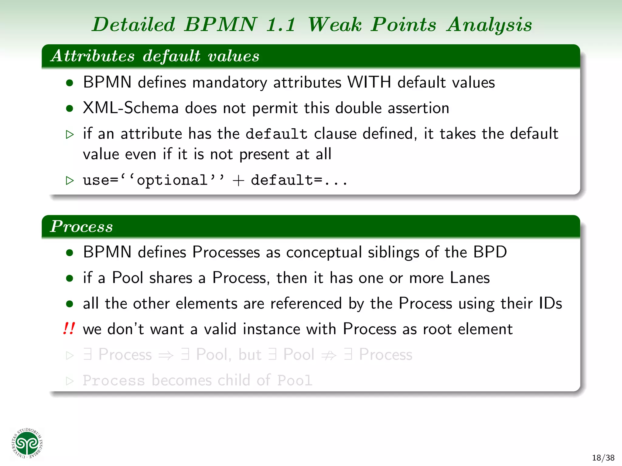 Detailed BPMN 1.1 Weak Points Analysis
Attributes default values
  • BPMN deﬁnes mandatory attributes WITH default values
  • XML-Schema does not permit this double assertion
    if an attribute has the default clause deﬁned, it takes the default
    value even if it is not present at all
    use=‘‘optional’’ + default=...

Process
 • BPMN deﬁnes Processes as conceptual siblings of the BPD
  • if a Pool shares a Process, then it has one or more Lanes
  • all the other elements are referenced by the Process using their IDs
 !! we don’t want a valid instance with Process as root element
    ∃ Process ⇒ ∃ Pool, but ∃ Pool       ∃ Process
    Process becomes child of Pool



                                                                           18/38
 