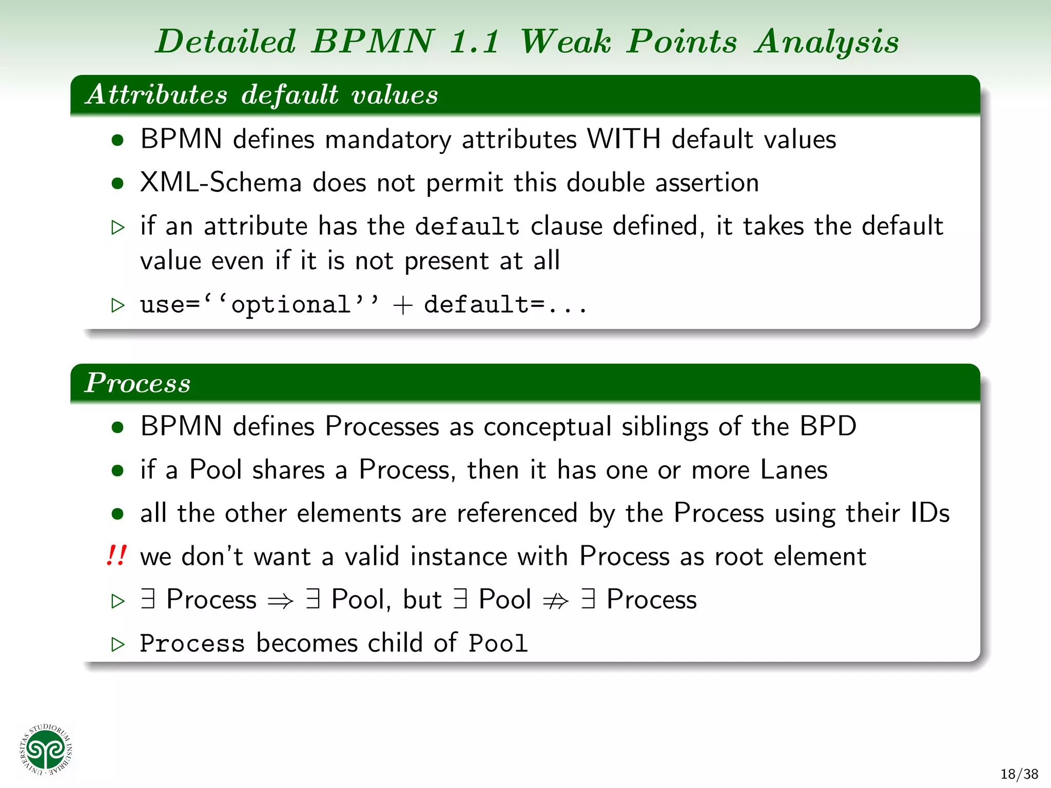 Detailed BPMN 1.1 Weak Points Analysis
Attributes default values
  • BPMN deﬁnes mandatory attributes WITH default values
  • XML-Schema does not permit this double assertion
    if an attribute has the default clause deﬁned, it takes the default
    value even if it is not present at all
    use=‘‘optional’’ + default=...

Process
 • BPMN deﬁnes Processes as conceptual siblings of the BPD
  • if a Pool shares a Process, then it has one or more Lanes
  • all the other elements are referenced by the Process using their IDs
 !! we don’t want a valid instance with Process as root element
    ∃ Process ⇒ ∃ Pool, but ∃ Pool       ∃ Process
    Process becomes child of Pool



                                                                           18/38
 