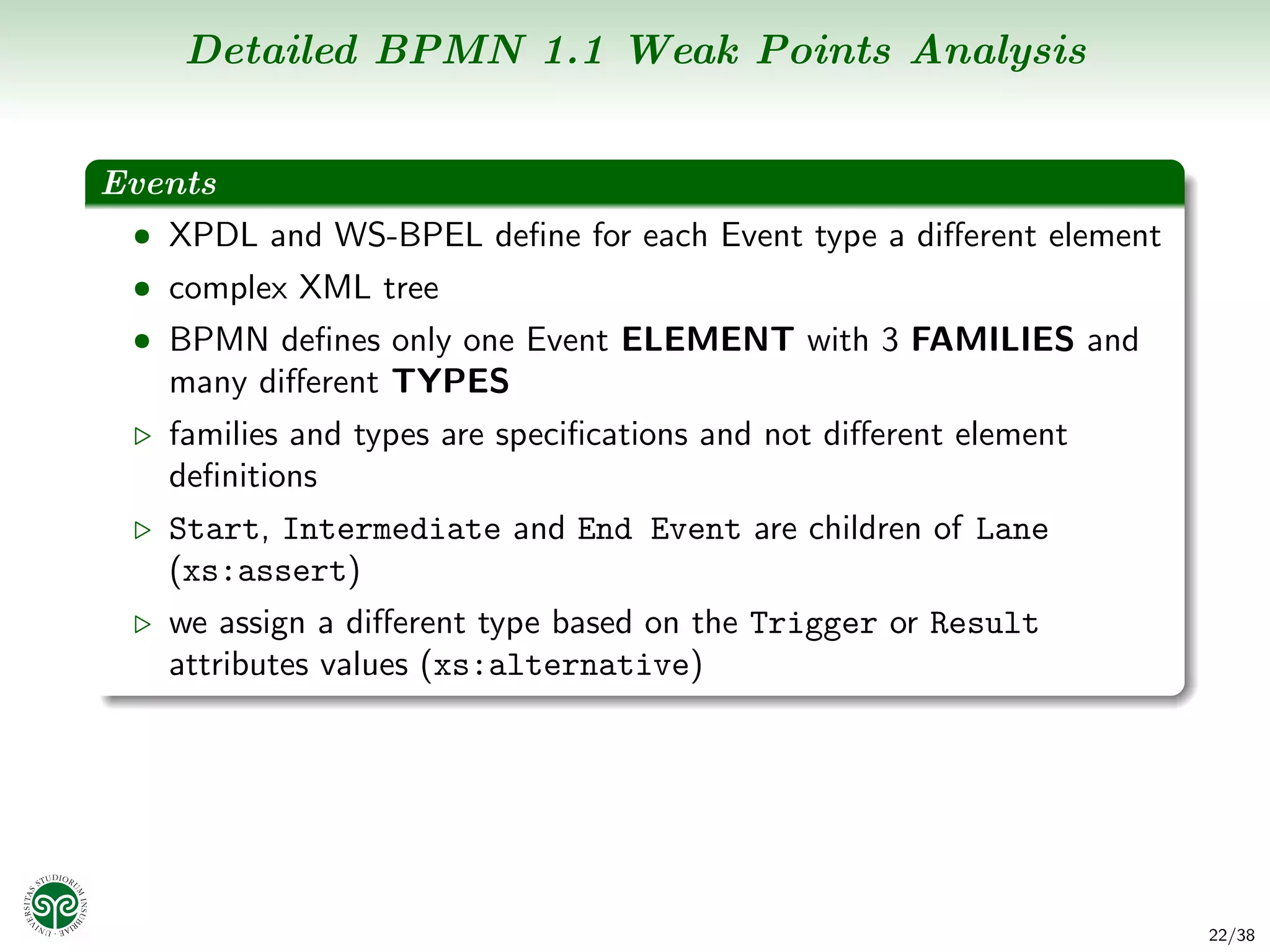 Detailed BPMN 1.1 Weak Points Analysis


Events
 • XPDL and WS-BPEL deﬁne for each Event type a diﬀerent element
  • complex XML tree
  • BPMN deﬁnes only one Event ELEMENT with 3 FAMILIES and
    many diﬀerent TYPES
    families and types are speciﬁcations and not diﬀerent element
    deﬁnitions
    Start, Intermediate and End Event are children of Lane
    (xs:assert)
    we assign a diﬀerent type based on the Trigger or Result
    attributes values (xs:alternative)




                                                                    22/38
 