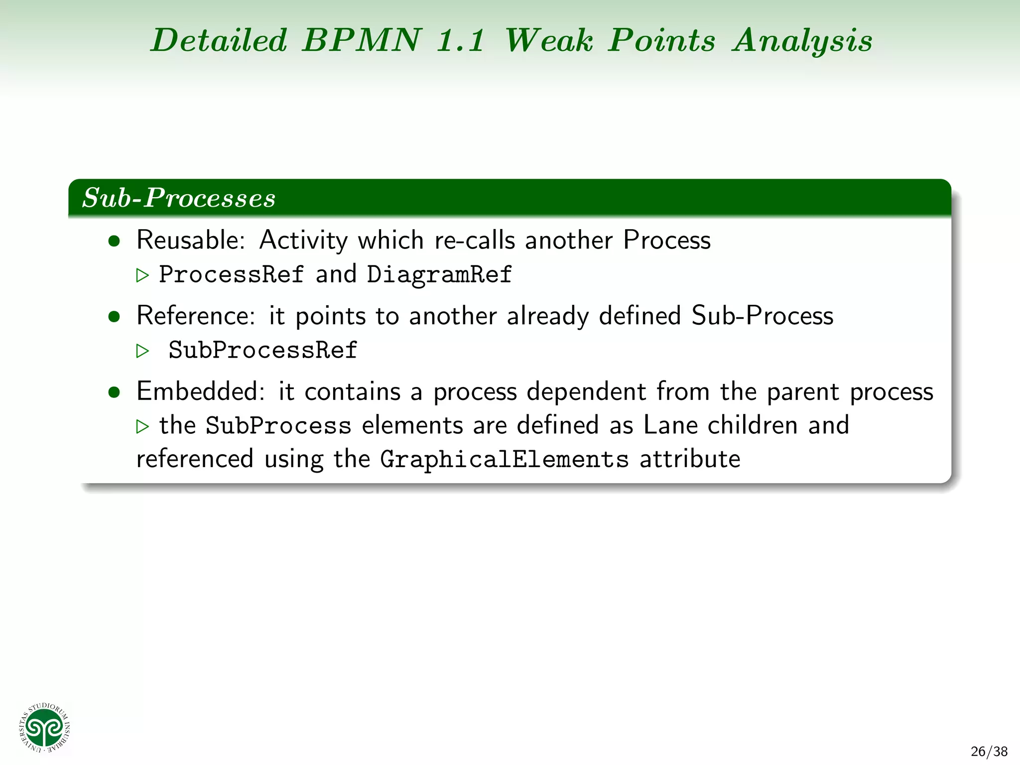 Detailed BPMN 1.1 Weak Points Analysis



Sub-Processes
  • Reusable: Activity which re-calls another Process
     ProcessRef and DiagramRef
  • Reference: it points to another already deﬁned Sub-Process
       SubProcessRef
  • Embedded: it contains a process dependent from the parent process
      the SubProcess elements are deﬁned as Lane children and
    referenced using the GraphicalElements attribute




                                                                        26/38
 