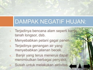 1. Terjadinya bencana alam seperti banjir,
tanah longsor, dsb.
2. Menyebabkan petani gagal panen
3. Terjadinya genangan air yang
menyebabkan jalanan becek.
4. Banjir yang terus menerus dapat
menimbulkan berbagai penyakit.
5. Susah untuk melakukan aktivitas.
DAMPAK NEGATIF HUJAN:
 