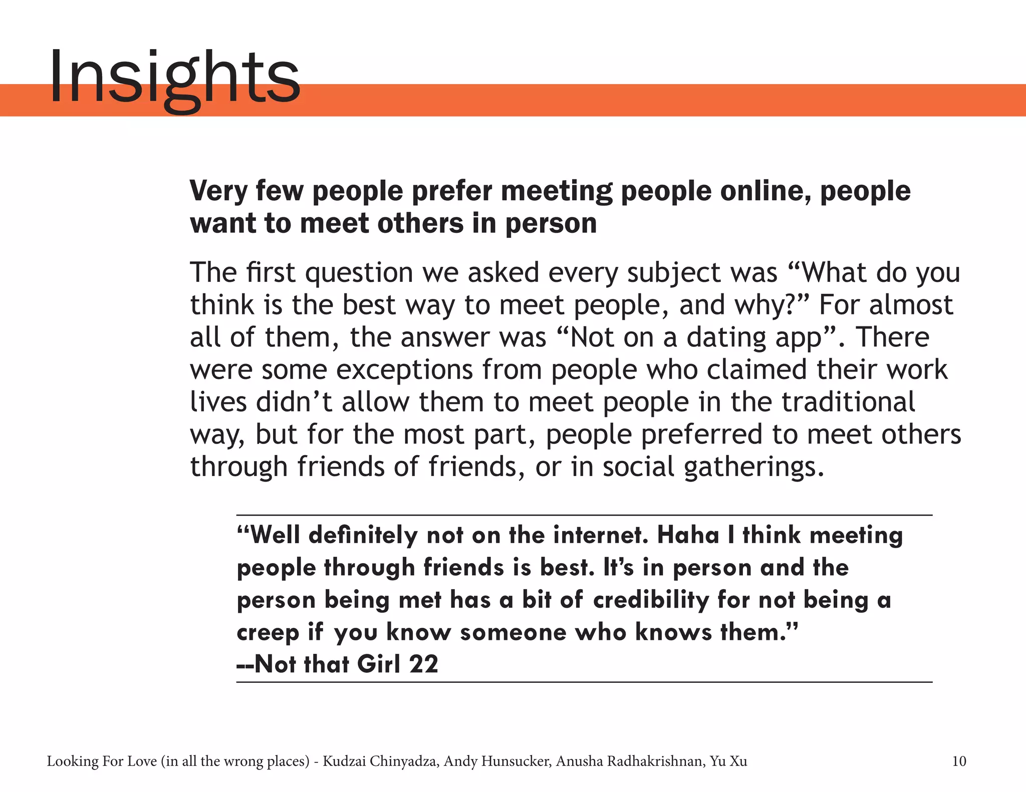 Looking For Love (in all the wrong places) - Kudzai Chinyadza, Andy Hunsucker, Anusha Radhakrishnan, Yu Xu 10
Insights
Very few people prefer meeting people online, people
want to meet others in person
The first question we asked every subject was “What do you
think is the best way to meet people, and why?” For almost
all of them, the answer was “Not on a dating app”. There
were some exceptions from people who claimed their work
lives didn’t allow them to meet people in the traditional
way, but for the most part, people preferred to meet others
through friends of friends, or in social gatherings.
“Well definitely not on the internet. Haha I think meeting
people through friends is best. It’s in person and the
person being met has a bit of credibility for not being a
creep if you know someone who knows them.”
--Not that Girl 22
 