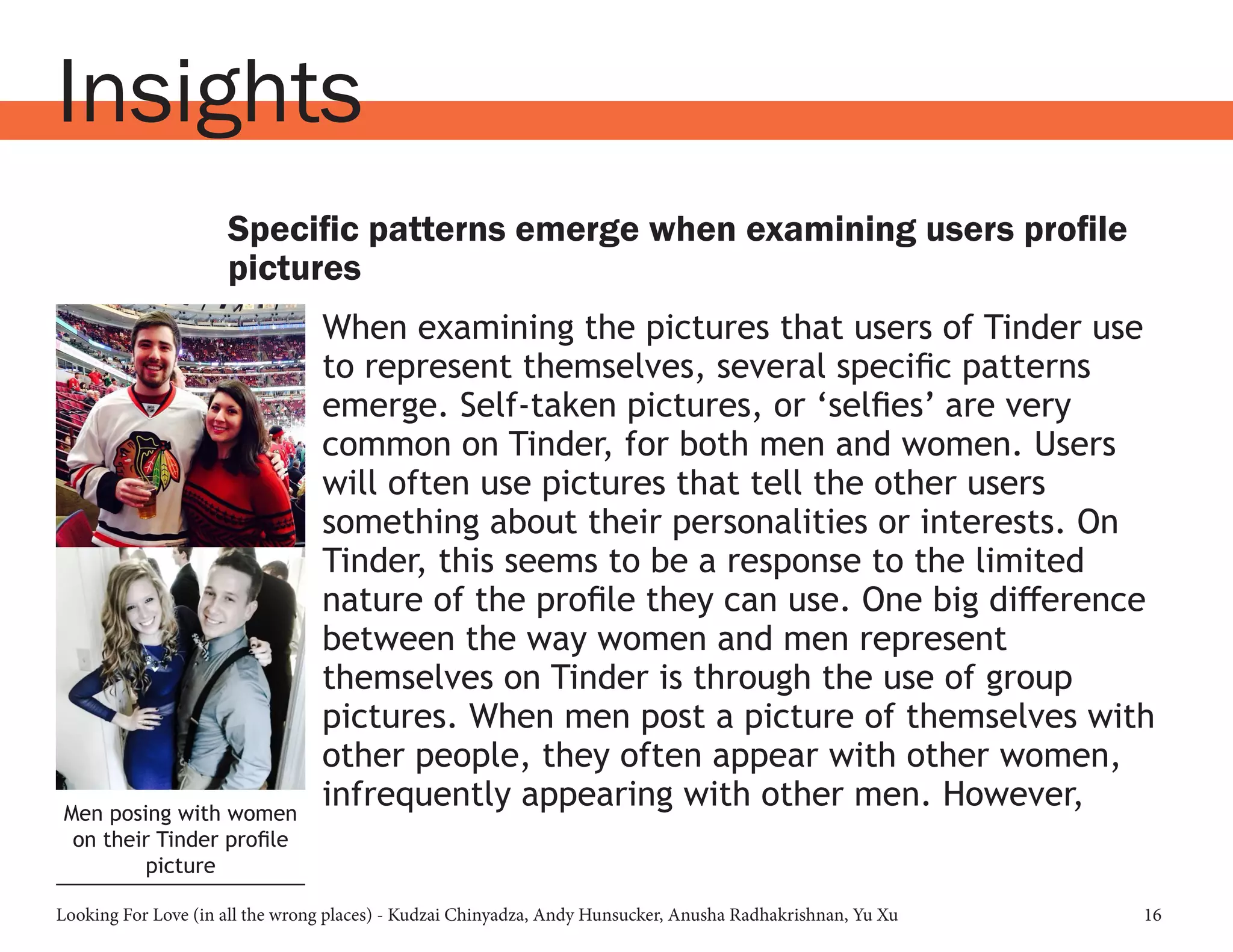 Looking For Love (in all the wrong places) - Kudzai Chinyadza, Andy Hunsucker, Anusha Radhakrishnan, Yu Xu 16
Insights
Specific patterns emerge when examining users profile
pictures
When examining the pictures that users of Tinder use
to represent themselves, several specific patterns
emerge. Self-taken pictures, or ‘selfies’ are very
common on Tinder, for both men and women. Users
will often use pictures that tell the other users
something about their personalities or interests. On
Tinder, this seems to be a response to the limited
nature of the profile they can use. One big difference
between the way women and men represent
themselves on Tinder is through the use of group
pictures. When men post a picture of themselves with
other people, they often appear with other women,
infrequently appearing with other men. However,Men posing with women
on their Tinder profile
picture
 