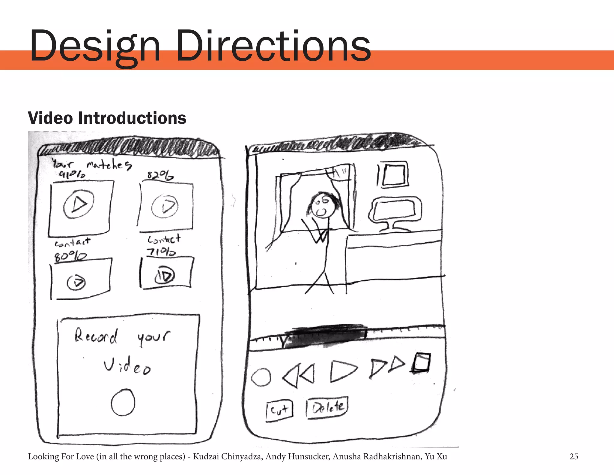 Looking For Love (in all the wrong places) - Kudzai Chinyadza, Andy Hunsucker, Anusha Radhakrishnan, Yu Xu 25
Design Directions
Video Introductions
 