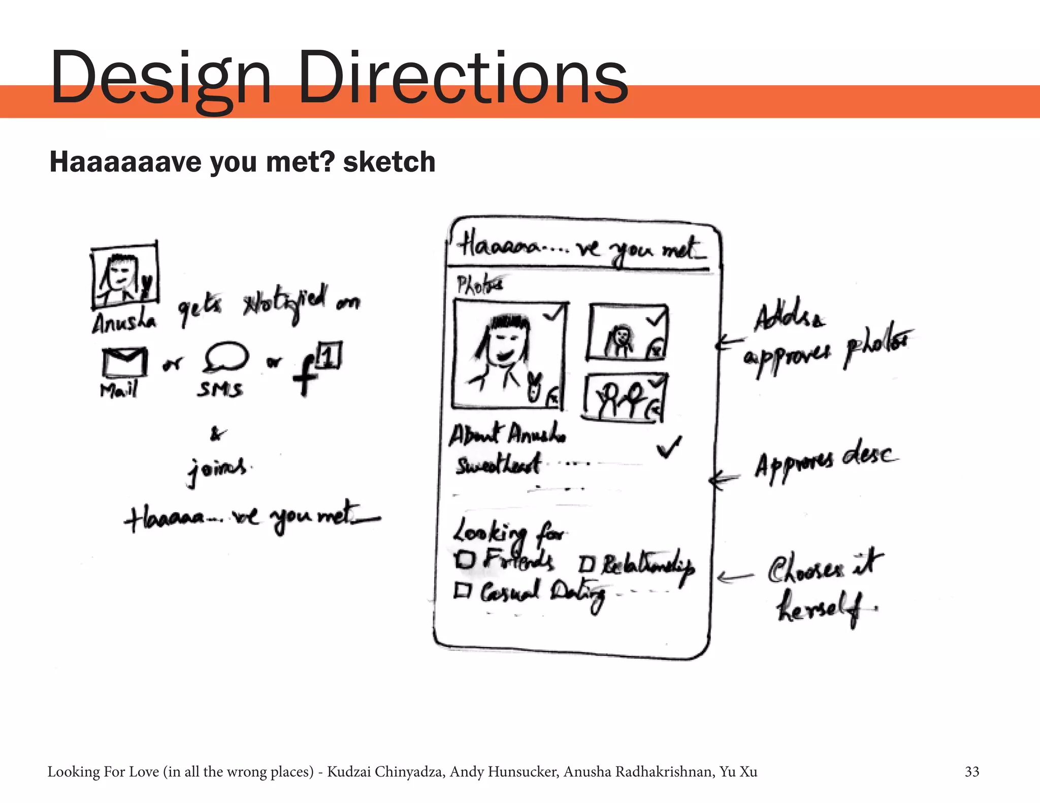 Looking For Love (in all the wrong places) - Kudzai Chinyadza, Andy Hunsucker, Anusha Radhakrishnan, Yu Xu 33
Design Directions
Haaaaaave you met? sketch
 