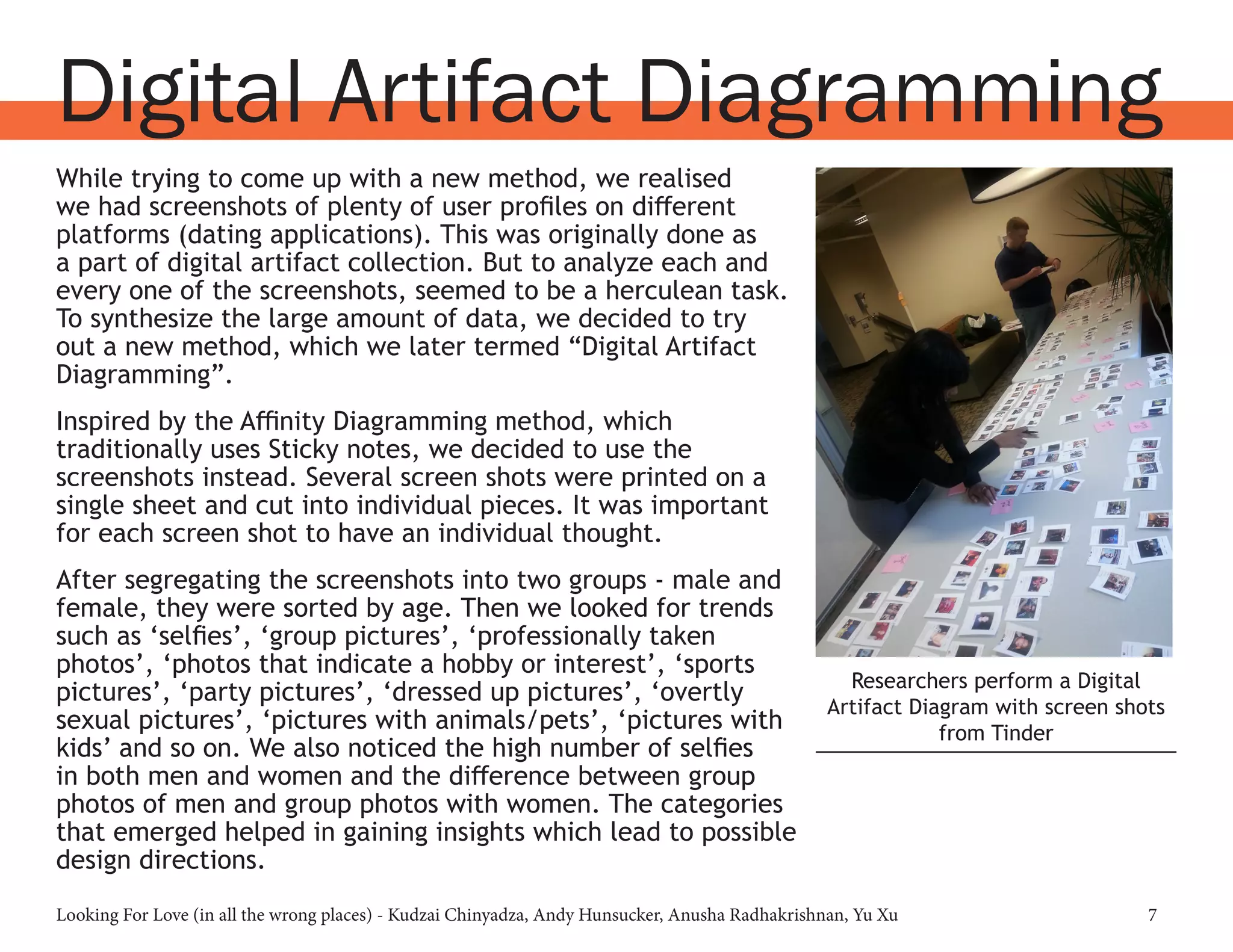 Looking For Love (in all the wrong places) - Kudzai Chinyadza, Andy Hunsucker, Anusha Radhakrishnan, Yu Xu 7
Digital Artifact Diagramming
While trying to come up with a new method, we realised
we had screenshots of plenty of user profiles on different
platforms (dating applications). This was originally done as
a part of digital artifact collection. But to analyze each and
every one of the screenshots, seemed to be a herculean task.
To synthesize the large amount of data, we decided to try
out a new method, which we later termed “Digital Artifact
Diagramming”.
Inspired by the Affinity Diagramming method, which
traditionally uses Sticky notes, we decided to use the
screenshots instead. Several screen shots were printed on a
single sheet and cut into individual pieces. It was important
for each screen shot to have an individual thought.
After segregating the screenshots into two groups - male and
female, they were sorted by age. Then we looked for trends
such as ‘selfies’, ‘group pictures’, ‘professionally taken
photos’, ‘photos that indicate a hobby or interest’, ‘sports
pictures’, ‘party pictures’, ‘dressed up pictures’, ‘overtly
sexual pictures’, ‘pictures with animals/pets’, ‘pictures with
kids’ and so on. We also noticed the high number of selfies
in both men and women and the difference between group
photos of men and group photos with women. The categories
that emerged helped in gaining insights which lead to possible
design directions.
Researchers perform a Digital
Artifact Diagram with screen shots
from Tinder
 