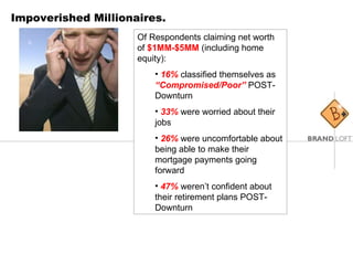 Impoverished Millionaires. Of Respondents claiming net worth of  $1MM-$5MM   (including home equity): 16%   classified themselves as  “Compromised/Poor”  POST-Downturn 33%   were worried about their jobs 26%   were uncomfortable about being able to make their mortgage payments going forward 47%   weren’t confident about their retirement plans POST-Downturn 