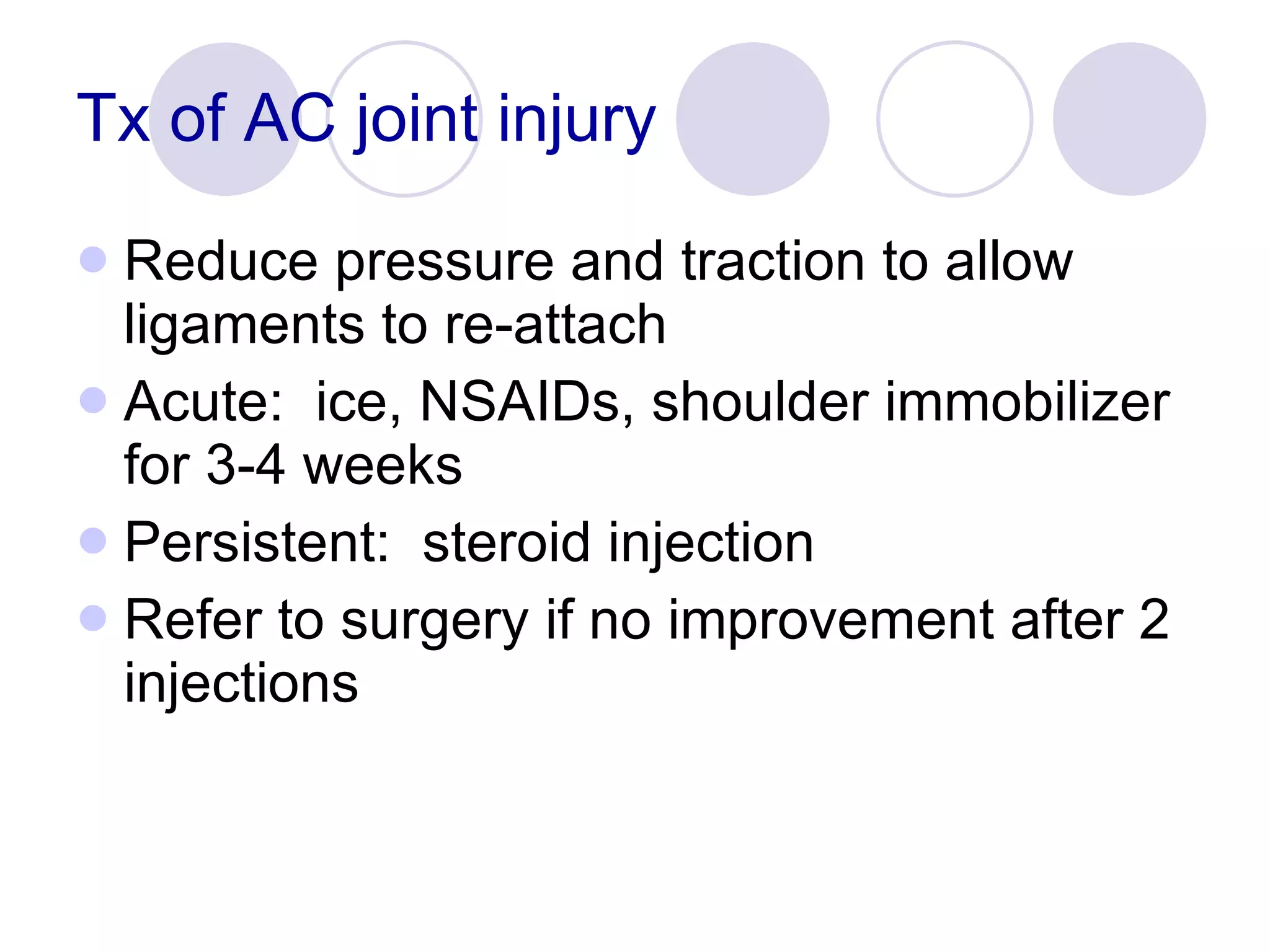 Tx of AC joint injury Reduce pressure and traction to allow ligaments to re-attach Acute:  ice, NSAIDs, shoulder immobilizer for 3-4 weeks Persistent:  steroid injection Refer to surgery if no improvement after 2 injections 