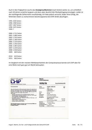 Hugo E. Martin, Zur Vor- und Frühgeschichte der Zeitschrift CHIP Seite 36 / 71
Auch in den Folgejahren wuchs das Anzeigenaufkommen (nach Seiten) weiter an, um schließlich
nach 18 Jahren zunächst langsam und dann aber deutlich den Rückwärtsgang einzulegen. Leider ist
die nachfolgende Zahlenreihe unvollständig. Ich habe jedoch versucht, leider ohne Erfolg, die
fehlenden Daten zu recherchieren beziehungsweise bei CHIP direkt abzufragen.
1995: 2242 Seiten
1996: 1940 Seiten
1997: 1967 Seiten
1998: 1675 Seiten
1999: ?
2000: 1.711 Seiten
2001: 1.486 Seiten
2002: 1.335 Seiten
2003: 1.186 Seiten
2004: 1.319 Seiten
2005: 1.356 Seiten
2006: 1.385 Seiten
2007: 1.234 Seiten
2008: 1.030 Seiten
2009: 660 Seiten
2010: 633 Seiten
2011: 666 Seiten
Im Vergleich mit den meisten Wettbewerbstiteln der Computerpresse konnte sich CHIP aber für
eine Weile noch ganz gut am Markt behaupten.
 