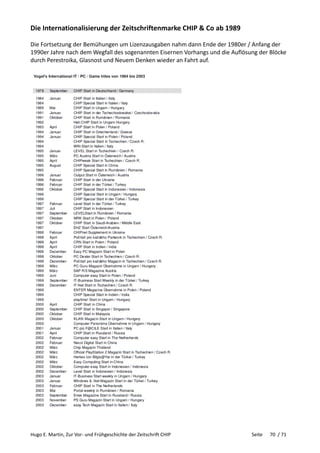 Hugo E. Martin, Zur Vor- und Frühgeschichte der Zeitschrift CHIP Seite 70 / 71
Die Internationalisierung der Zeitschriftenmarke CHIP & Co ab 1989
Die Fortsetzung der Bemühungen um Lizenzausgaben nahm dann Ende der 1980er / Anfang der
1990er Jahre nach dem Wegfall des sogenannten Eisernen Vorhangs und die Auflösung der Blöcke
durch Perestroika, Glasnost und Neuem Denken wieder an Fahrt auf.
 
