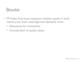 Sebastian Schmeier
Bowtie
• FM Index ﬁnds exact sequence matches quickly in small
memory, but short read alignment demands more:
• Allowances for mismatches
• Consideration of quality values
21
 