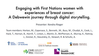 Engaging with First Nations women with
experiences of breast cancer:
A Debwewin journey through digital storytelling.
Presenter: Kendra Rieger
Team members: Horton, M., Copenace, S., Bennett., M., Buss, M., Chudyk, A., Cook, L.,
Hack, T., Hornan, B., Horrill, T., Linton, J., Martin, D., McPherson, K., Murray, K., Rattray,
J., Sinclair, R., Slavutskiy, O., Stewart, R. & Schultz, A.
 
