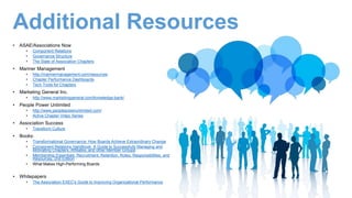 • ASAE/Associations Now
• Component Relations
• Governance Structure
• The State of Association Chapters
• Mariner Management
• http://marinermanagement.com/resources
• Chapter Performance Dashboards
• Tech Tools for Chapters
• Marketing General Inc.
• http://www.marketinggeneral.com/knowledge-bank/
• People Power Unlimited
• http://www.peoplepowerunlimited.com/
• Active Chapter Video Series
• Association Success
• Transform Culture
• Books:
• Transformational Governance: How Boards Achieve Extraordinary Change
• Component Relations Handbook: A Guide to Successfully Managing and
Motivating Chapters, Affiliates, and other Member Groups
• Membership Essentials: Recruitment, Retention, Roles, Responsibilities, and
Resources, 2nd Edition
• What Makes High-Performing Boards
• Whitepapers
• The Association EXEC's Guide to Improving Organizational Performance
Additional Resources
 