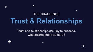 Trust & Relationships
THE CHALLENGE
Trust and relationships are key to success,
what makes them so hard?
 