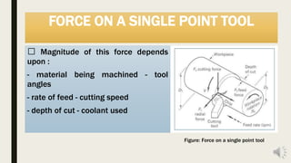 FORCE ON A SINGLE POINT TOOL
Magnitude of this force depends
upon :
- material being machined - tool
angles
- rate of feed - cutting speed
- depth of cut - coolant used
Figure: Force on a single point tool
 