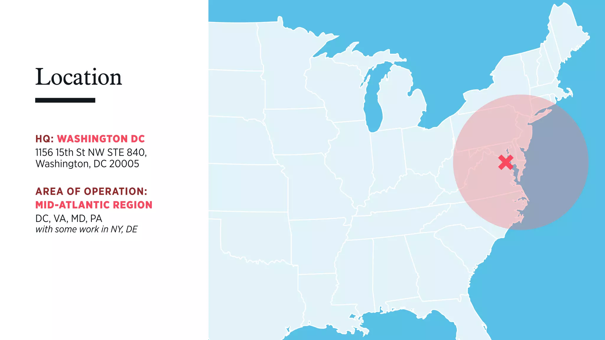 Location
HQ: WASHINGTON DC
1156 15th St NW STE 840,
Washington, DC 20005
AREA OF OPERATION:
MID-ATLANTIC REGION
DC, VA, MD, PA 
with some work in NY, DE
 