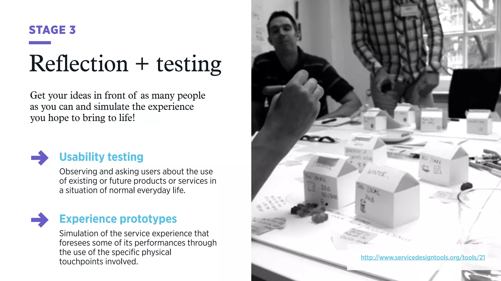 STAGE 3
Usability testing
Observing and asking users about the use
of existing or future products or services in
a situation of normal everyday life.
Experience prototypes
Simulation of the service experience that
foresees some of its performances through
the use of the specific physical  
touchpoints involved.
Get your ideas in front of as many people  
as you can and simulate the experience  
you hope to bring to life!
Reflection + testing
http://www.servicedesigntools.org/tools/21
 
