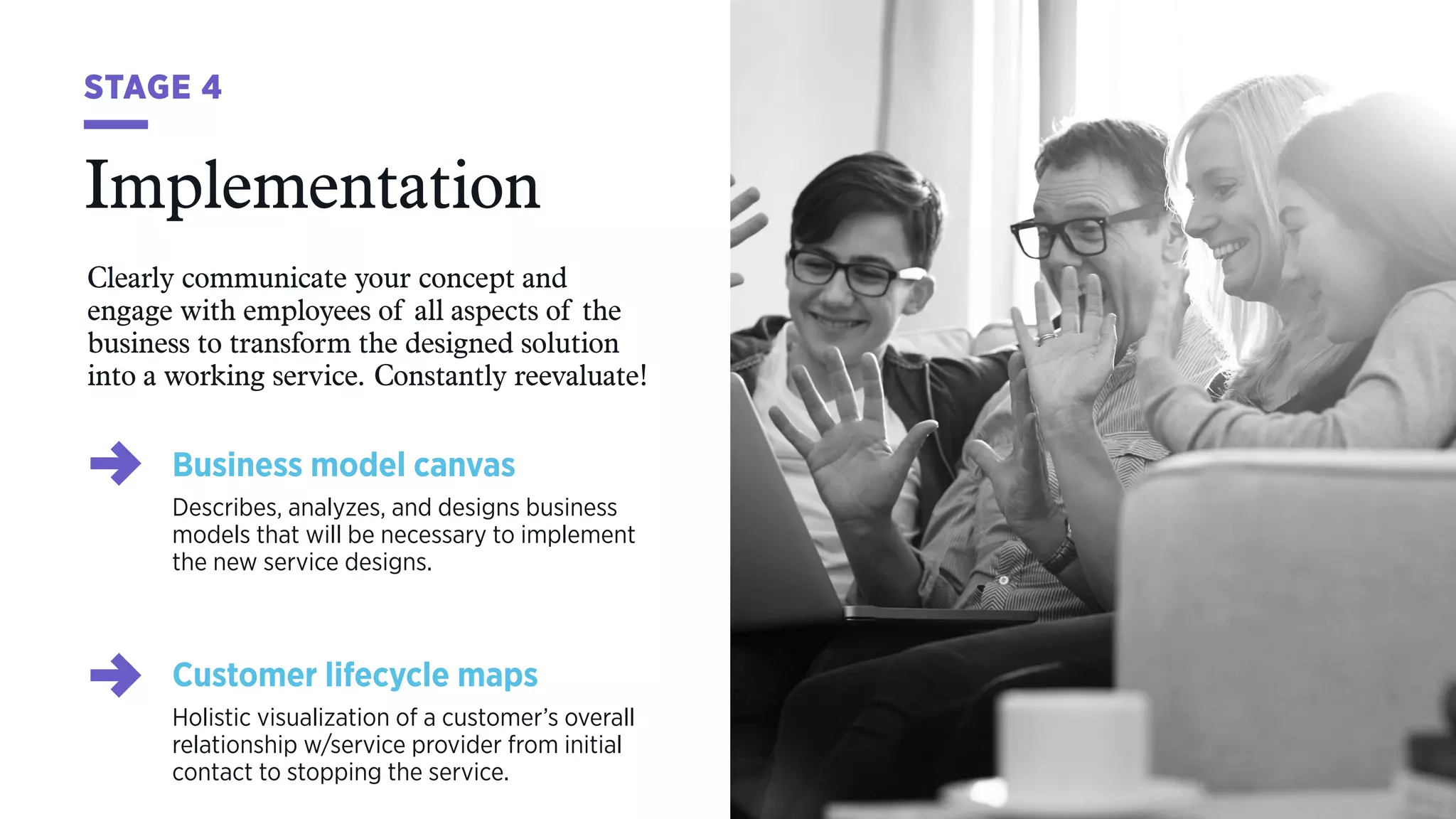 STAGE 4
Business model canvas
Describes, analyzes, and designs business
models that will be necessary to implement
the new service designs.
Clearly communicate your concept and  
engage with employees of all aspects of the
business to transform the designed solution
into a working service. Constantly reevaluate!
Implementation
Customer lifecycle maps
Holistic visualization of a customer’s overall
relationship w/service provider from initial
contact to stopping the service.
 