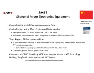 SMEE
Shanghai Micro Electronics Equipment
• China’s leading photolithography equipment firm
• Can build chips at the 90nm, 110nm and 280nm nodes
• eight generations (10 years) behind the TSMC 5 nm node
• Will deliver deep ultraviolet (DUV) lithography scanner for 28nm node Q4 2021
• Ships 4 types of lithography machines
• IC front-end manufacturing, IC back-end advanced packaging, LED/ MEMS/power devices and
TFT circuit manufacturing
• back-end advanced packaging has 80% of the China and ~40% of the global market
• LED/MEMS/power devices global share ~20%
• Customers are SMIC, Hua Hong, GTA Semi, Yangtze Memory, ASE Technology
Holding, Tongfu Microelectronics and JCET Group
Wafer Fab Equip
Lithography
http://www.smee.com.cn/eis.pub?service=homepageService&method=indexinfo
 