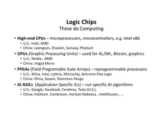 Logic Chips
These do Computing
• High-end CPUs – microprocessors, microcontrollers, e.g. Intel x86
• U.S.: Intel, AMD
• China: Loongson, Zhaoxin, Sunway, Phytium
• GPUs (Graphic Processing Units) – used for AI,/ML, Bitcoin, graphics
• U.S.: Nvidia , AMD
• China: Jingjia Micro
• FPGAs (Field Programable Gate Arrays) – reprogrammable processors
• U.S.: Xilinx, Intel, Lattice, Microchip, Achronix.Flex Logic
• China: Efinix, Gowin, Shenzhen Pango
• AI ASICs (Application Specific ICs) – run specific AI algorithms
• U.S.: Google, Facebook, Cerebras, Tesla (U.S.),
• China: HiSilicon. Cambricon, Horizon Robotics , Intellifusion , …
 