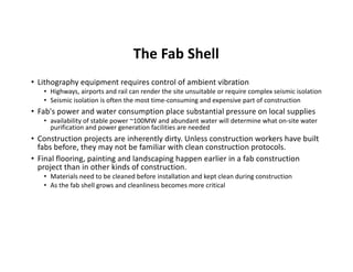 The Fab Shell
• Lithography equipment requires control of ambient vibration
• Highways, airports and rail can render the s...