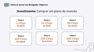 Plano 1
5 Chips
R$ 499,50
Como se tornar um divulgador ChipLivre
Investimento: Comprar um plano de revenda
Plano 4
100 Chips
R$ 9.990,00
Plano 3
50 Chips
R$ 4.995,00
Plano 6
500 Chips
R$ 49.950,00
Plano 5
250 Chips
R$ 24.975,00
Plano 2
10 Chips
R$ 999,00
 
