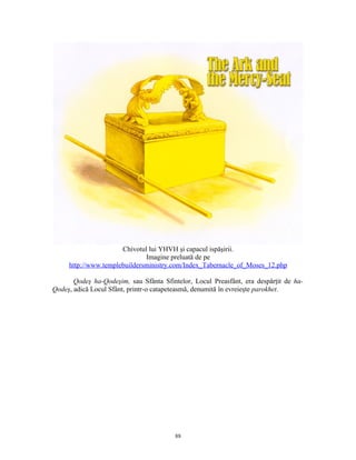 Chivotul lui YHVH şi capacul ispăşirii.
                              Imagine preluată de pe
     http://www.templebuildersministry.com/Index_Tabernacle_of_Moses_12.php

       Qodeş ha-Qodeşim, sau Sfânta Sfintelor, Locul Preasfânt, era despărţit de ha-
Qodeş, adică Locul Sfânt, printr-o catapeteasmă, denumită în evreieşte parokhet.




                                         88
 