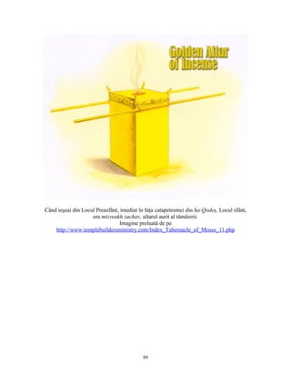 Când ieşeai din Locul Preasfânt, imediat în faţa catapetesmei din ha-Qodeş, Locul sfânt,
                    era mizveakh zachav, altarul aurit al tămâierii.
                                 Imagine preluată de pe
    http://www.templebuildersministry.com/Index_Tabernacle_of_Moses_11.php




                                          89
 
