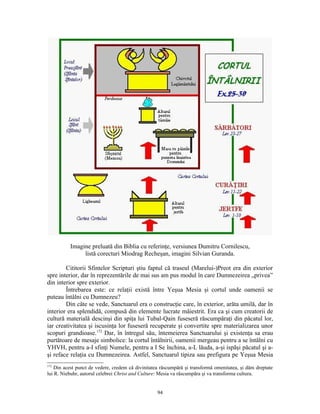 Imagine preluată din Biblia cu referinţe, versiunea Dumitru Cornilescu,
               listă corecturi Miodrag Recheşan, imagini Silvian Guranda.

        Cititorii Sfintelor Scripturi ştiu faptul că traseul (Marelui-)Preot era din exterior
spre interior, dar în reprezentările de mai sus am pus modul în care Dumnezeirea „privea”
din interior spre exterior.
        Întrebarea este: ce relaţii există între Yeşua Mesia şi cortul unde oamenii se
puteau întâlni cu Dumnezeu?
        Din câte se vede, Sanctuarul era o construcţie care, în exterior, arăta umilă, dar în
interior era splendidă, compusă din elemente lucrate măiestrit. Era ca şi cum creatorii de
cultură materială descinşi din spiţa lui Tubal-Qain fuseseră răscumpăraţi din păcatul lor,
iar creativitatea şi iscusinţa lor fuseseră recuperate şi convertite spre materializarea unor
scopuri grandioase.172 Dar, în întregul său, întemeierea Sanctuarului şi existenţa sa erau
purtătoare de mesaje simbolice: la cortul întâlnirii, oamenii mergeau pentru a se întâlni cu
YHVH, pentru a-I sfinţi Numele, pentru a I Se închina, a-L lăuda, a-şi ispăşi păcatul şi a-
şi reface relaţia cu Dumnezeirea. Astfel, Sanctuarul tipiza sau prefigura pe Yeşua Mesia
172
    Din acest punct de vedere, credem că divinitatea răscumpără şi transformă omenitatea, şi dăm dreptate
lui R. Niebuhr, autorul celebrei Christ and Culture: Mesia va răscumpăra şi va transforma cultura.


                                                   94
 