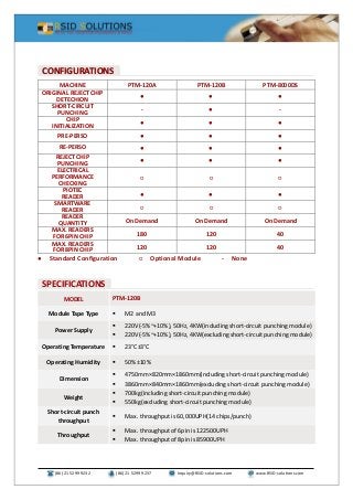 (86) 21 5299 9232 (86) 21 5299 9237 Inquiry@RSID-solutions.com www.RSID-solutions.com
MACHINE PTM-120A PTM-120B PTM-8000DS
ORIGINAL REJECT CHIP
DETECHION ● ● ●
SHORT-CIRCUIT
PUNCHING - ● -
CHIP
INITIALIZATION ● ● ●
PRE-PERSO ● ● ●
RE-PERSO ● ● ●
REJECT CHIP
PUNCHING ● ● ●
ELECTRICAL
PERFORMANCE
CHECKING
○ ○ ○
PIOTEC
READER ● ● ●
SMARTWARE
READER ○ ○ ○
READER
QUANTITY On Demand On Demand On Demand
MAX. READERS
FOR 6PIN CHIP 180 120 40
MAX. READERS
FOR 8PIN CHIP 120 120 40
● Standard Configuration ○ Optional Module - None
MODEL PTM-120B
Module Tape Type  M2 and M3
Power Supply
 220V(-5%~+10%), 50Hz, 4KW(including short-circuit punching module)
 220V(-5%~+10%), 50Hz, 4KW(excluding short-circuit punching module)
Operating Temperature  23°C±3°C
Operating Humidity  50%±10%
Dimension
 4750mm×820mm×1860mm(including short-circuit punching module)
 3860mm×840mm×1860mm(excluding short-circuit punching module)
Weight
 700kg(including short-circuit punching module)
 550kg(excluding short-circuit punching module)
Short-circuit punch
throughput
 Max. throughput is 60,000UPH(14 chips/punch)
Throughput
 Max. throughput of 6pin is 122500UPH
 Max. throughput of 8pin is 85900UPH
SPECIFICATIONS
CONFIGURATIONS
 