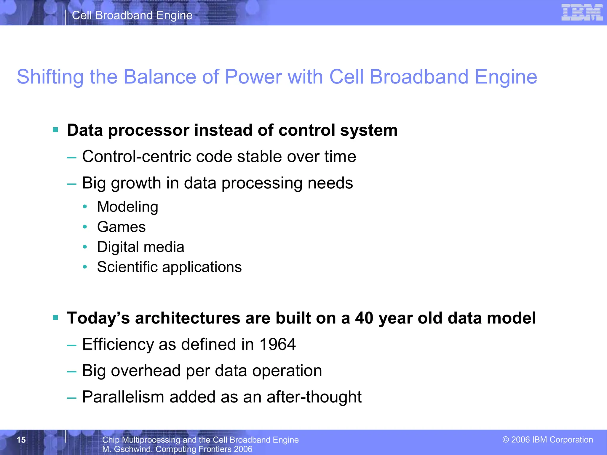 Cell Broadband Engine
© 2006 IBM Corporation
15 Chip Multiprocessing and the Cell Broadband Engine
M. Gschwind, Computing Frontiers 2006
Shifting the Balance of Power with Cell Broadband Engine
ƒ Data processor instead of control system
– Control-centric code stable over time
– Big growth in data processing needs
• Modeling
• Games
• Digital media
• Scientific applications
ƒ Today’s architectures are built on a 40 year old data model
– Efficiency as defined in 1964
– Big overhead per data operation
– Parallelism added as an after-thought
 