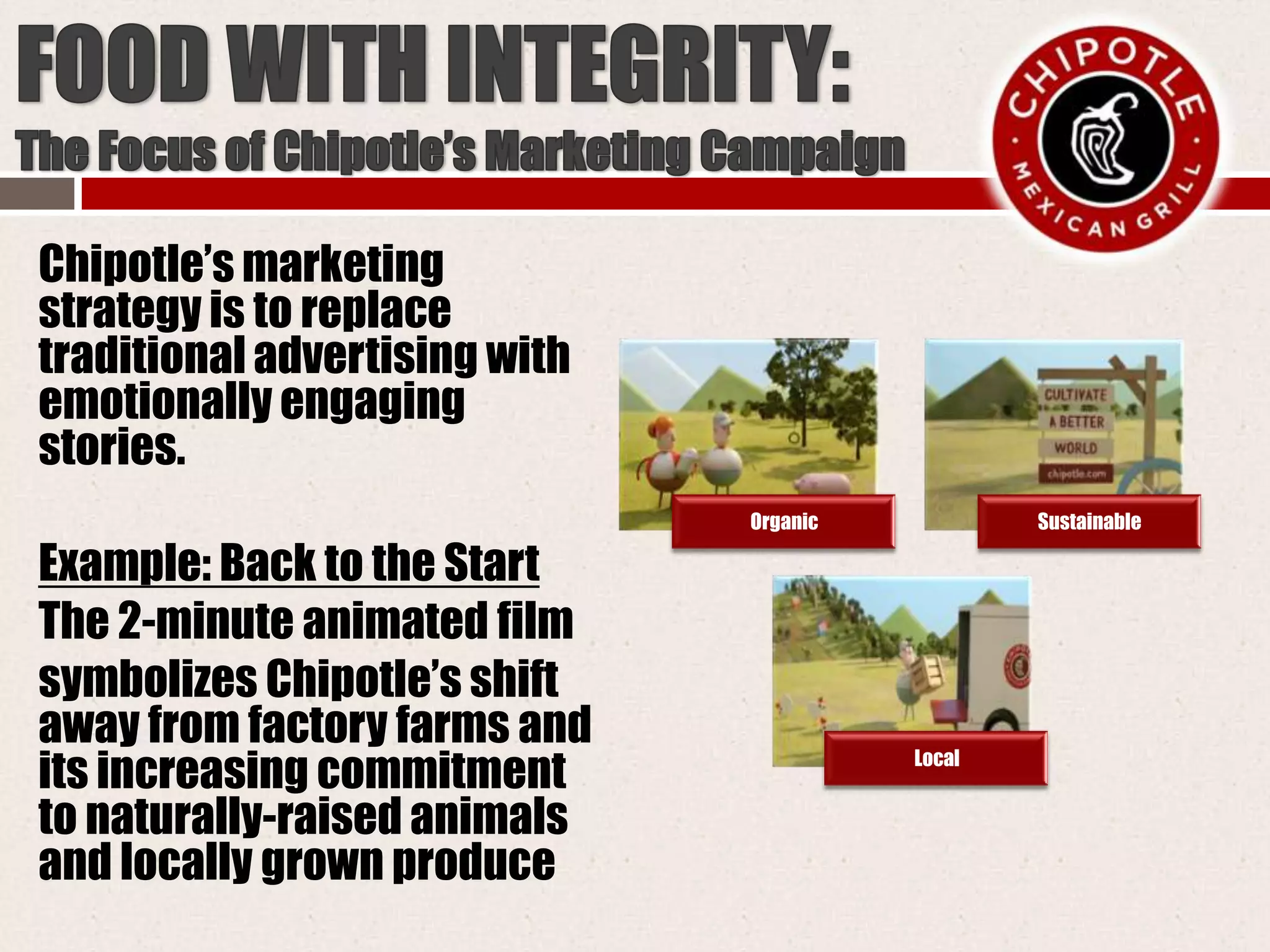 Chipotle’s marketing
strategy is to replace
traditional advertising with
emotionally engaging
stories.
Example: Back to the Start
The 2-minute animated film
symbolizes Chipotle’s shift
away from factory farms and
its increasing commitment
to naturally-raised animals
and locally grown produce
Organic Sustainable
Local
 