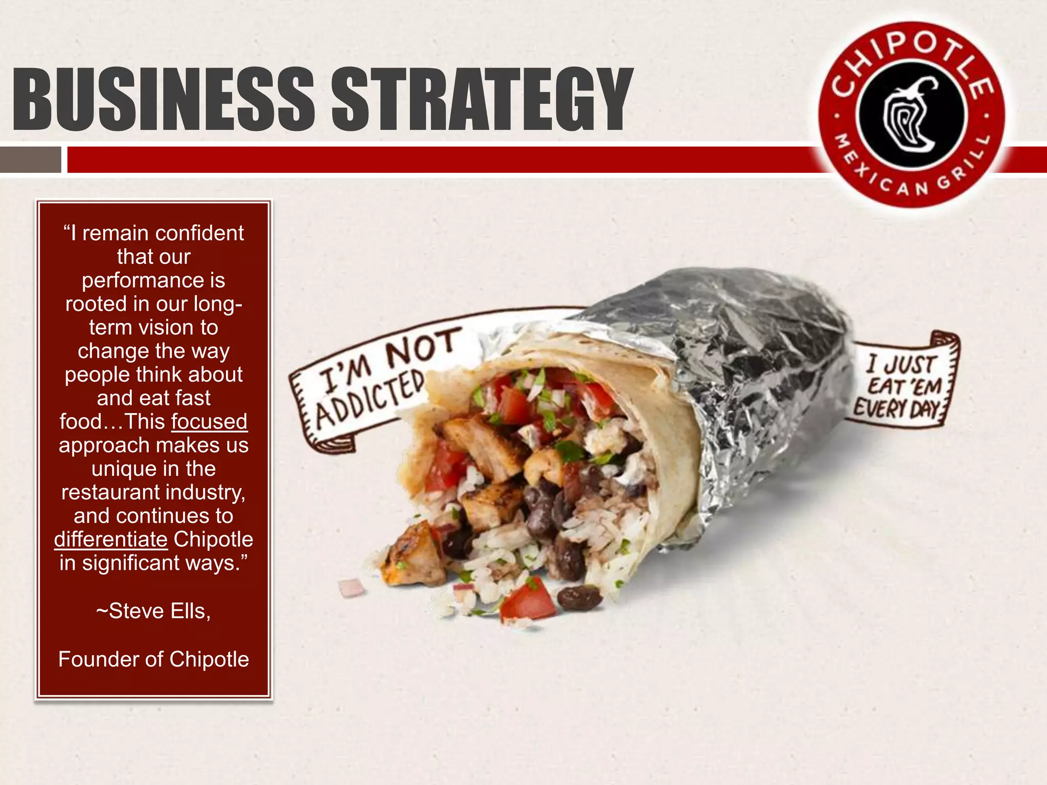 BUSINESS STRATEGY
“I remain confident
that our
performance is
rooted in our long-
term vision to
change the way
people think about
and eat fast
food…This focused
approach makes us
unique in the
restaurant industry,
and continues to
differentiate Chipotle
in significant ways.”
~Steve Ells,
Founder of Chipotle
 