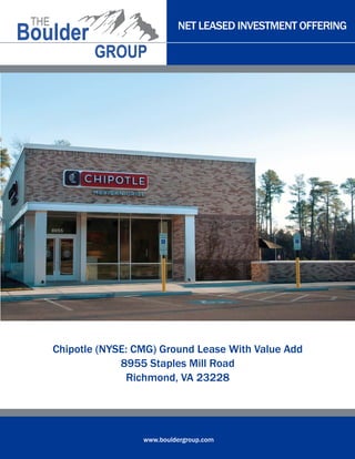 NET LEASED INVESTMENT OFFERING

Chipotle (NYSE: CMG) Ground Lease With Value Add
8955 Staples Mill Road
Richmond, VA 23228

www.bouldergroup.com

 